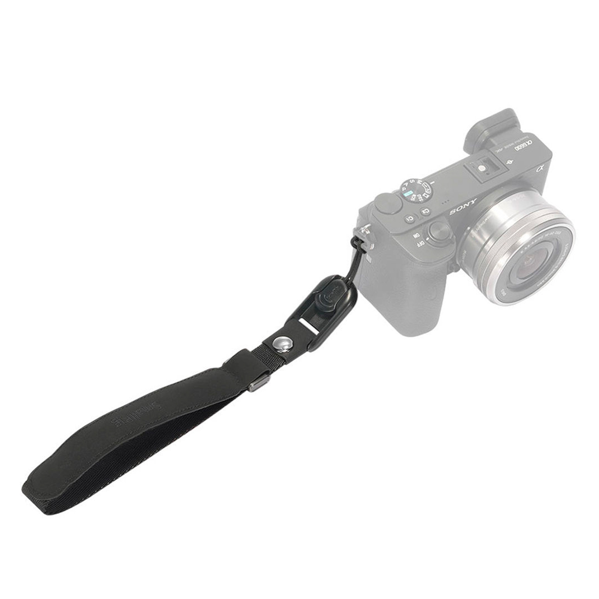 The SmallRig 2398 Wrist Strap for Camera in black is attached to your digital camera, with a sharply focused strap and a softly blurred camera to highlight the accessory.