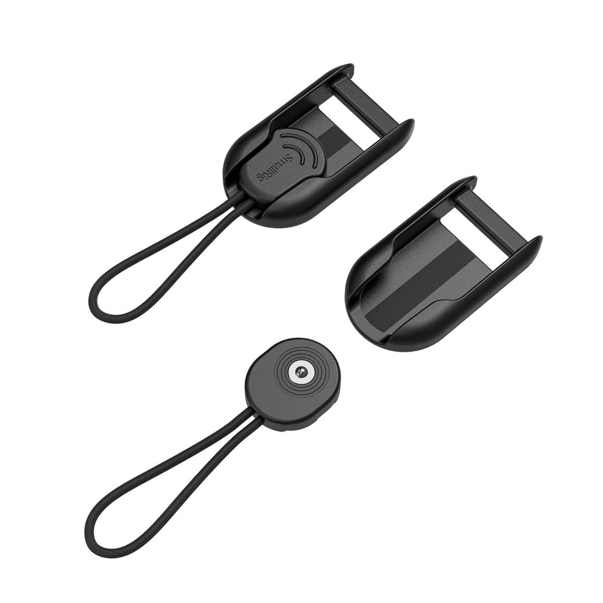 Two black SmallRig 2421 Rapid Link connectors with loops, shown from different angles, and a circular tripod accessory are shown on a white background.