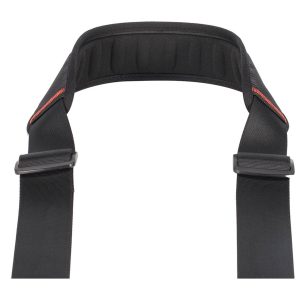 Close-up of the SmallRig 2428 Camera Shoulder Strap with padded black material, adjustable buckles and subtle red stitching.