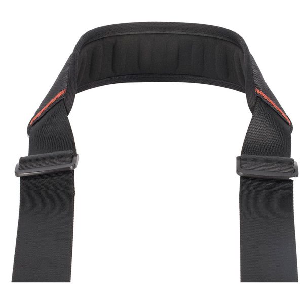 Close-up of the SmallRig 2428 Camera Shoulder Strap with padded black material, adjustable buckles and subtle red stitching.