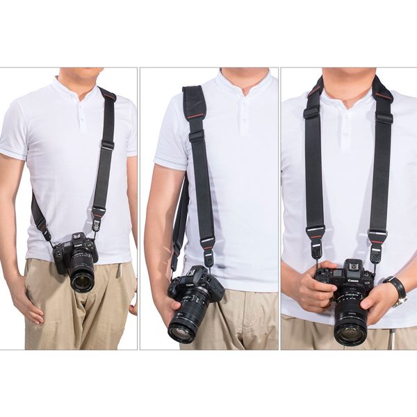 In three panels, a person wearing a white shirt demonstrates different ways of using the SmallRig 2428 Camera Shoulder Strap, which has a camera attached to it, including across the body and around the neck.
