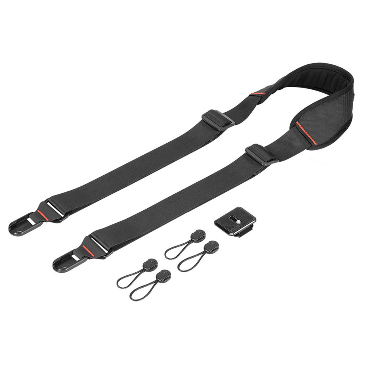 SmallRig 2428 Camera Shoulder Strap -kamerahihna on musta hihna, jossa on punaiset korostukset, säädettävät soljet, pikakiinnikkeet ja neljä pientä mustaa ankkurilenkkiä valkoisella pohjalla.