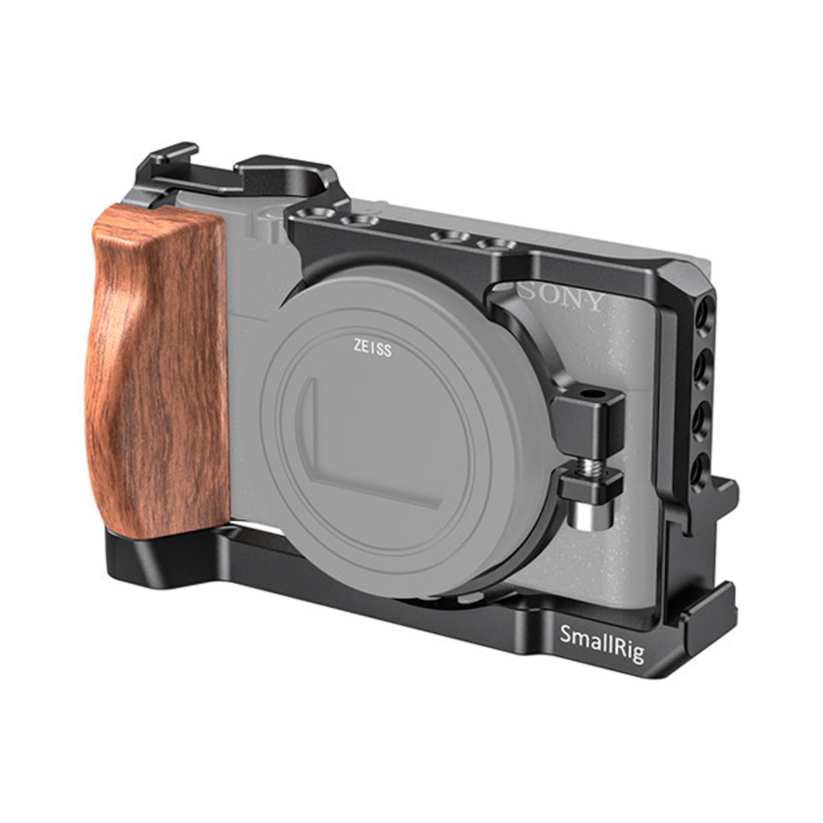 SmallRig 2434 Cage, jossa on puinen vasen kahva, ympäröi harmaata Sony RX100 VII -kameraa (ilman objektiivia) ja tarjoaa vakautta ja lisävarusteiden kiinnitystä.