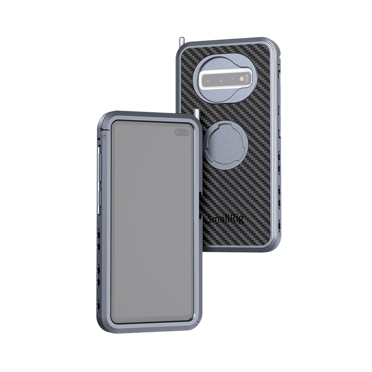 The SmallRig 2441 Pro Mobile Cage for Samsung S10+ is visible from the front and back and features rough metal edges, a carbon fibre pattern and a central circular bracket on the back.