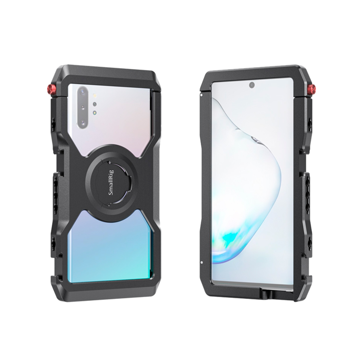 Kuvassa on kaksi SmallRig 2454 Pro Mobile Cage -mobiilihäkkiä Samsung Note 10+:lle mustana - toinen puhelimen etu- ja toinen takapuolella. Kummassakin häkissä on kulmikkaat reunat, pyöreä rengas, näkyvät sivupainikkeet ja tukeva metallikehys.