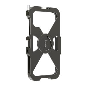 SmallRig 2471 Pro Mobile Cage iPhone 11 Pro -mobiilihäkki on metallinen avokehyksinen häkki, jossa on useita kiinnityspisteitä ja joka on suunniteltu pitämään iPhone 11 Pro -puhelinta turvallisesti ja varustamaan se valokuvausta tai videokuvausta varten.