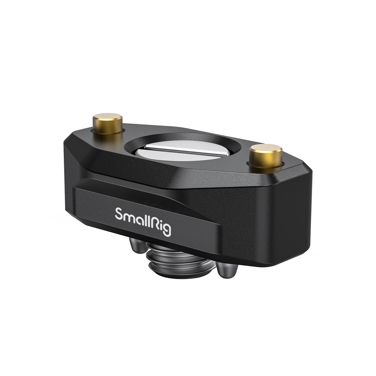 The SmallRig 2501 Nato Rail 35mm w/ ARRI Locating Screw is a black camera accessory with two gold screws, a central metal hole and a threaded bottom bracket for attaching the equipment to camera mounts.