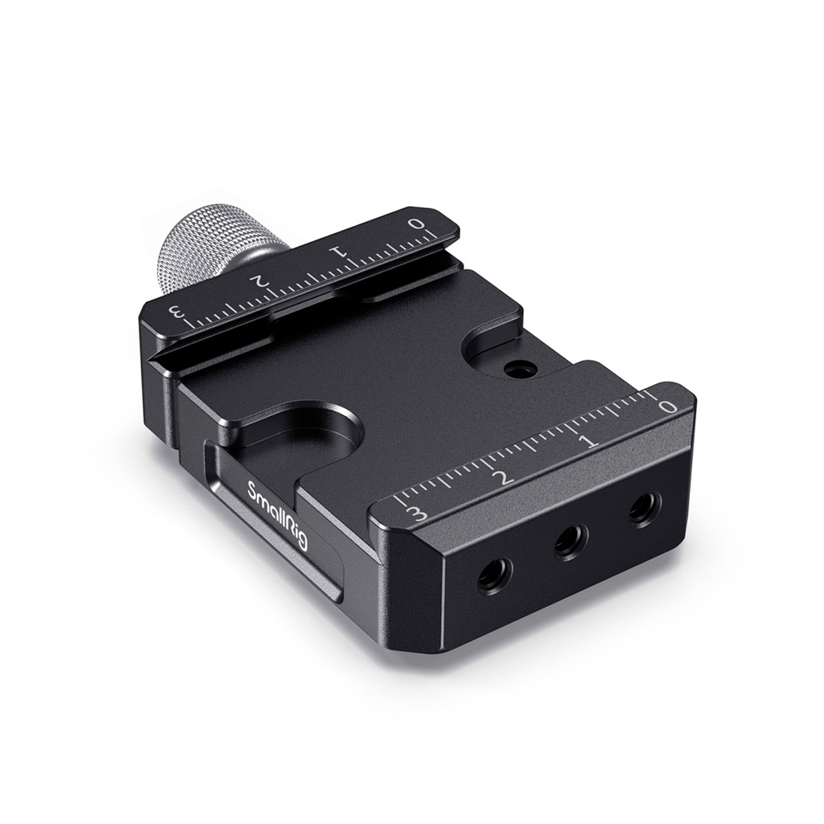 SmallRig 2506 QR Clamp for Ronin S / SC & Crane / Weebill S is a black metal camera accessory with engraved measurements, silver knob and three mounting holes, shown on a white background.