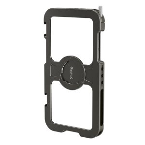 SmallRig 2512 Pro Mobile Cage for iPhone 11 Pro Max on musta metallinen kiinnike, jossa on avoimet sivut ja keskellä tuotemerkki ja joka on suunniteltu puhelimen kiinnittämiseen turvallisesti kameran lisävarusteisiin.