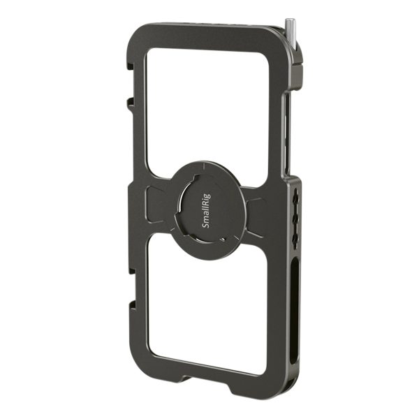 SmallRig 2512 Pro Mobile Cage for iPhone 11 Pro Max on musta metallinen kiinnike, jossa on avoimet sivut ja keskellä tuotemerkki ja joka on suunniteltu puhelimen kiinnittämiseen turvallisesti kameran lisävarusteisiin.