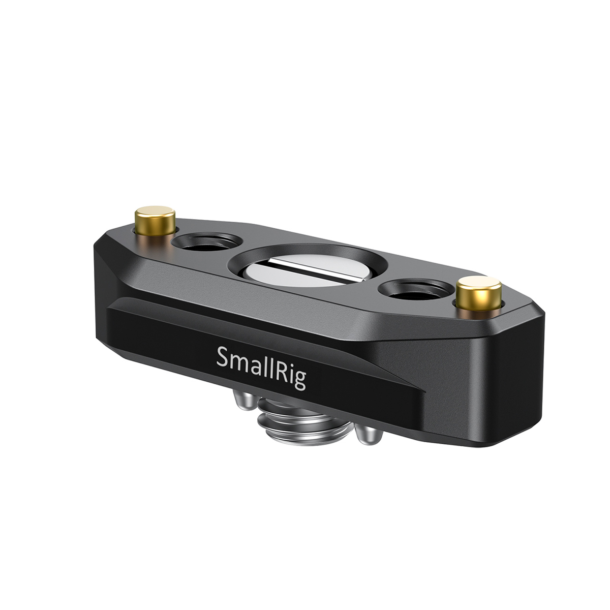 SmallRig 2521 Nato Rail 48mm w/ ARRI Locating Screw is a black camera accessory rail with two gold screws and one silver locating screw, designed for mounting camera equipment.