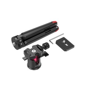SmallRig 2664 Tabletop Minitripod panoraamakuulapäällä, pikalukituslevy ja kuusiokoloavain esitetään valkoisella pohjalla.