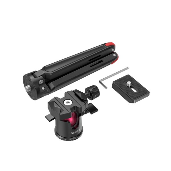 SmallRig 2664 Tabletop Minitripod panoraamakuulapäällä, pikalukituslevy ja kuusiokoloavain esitetään valkoisella pohjalla.