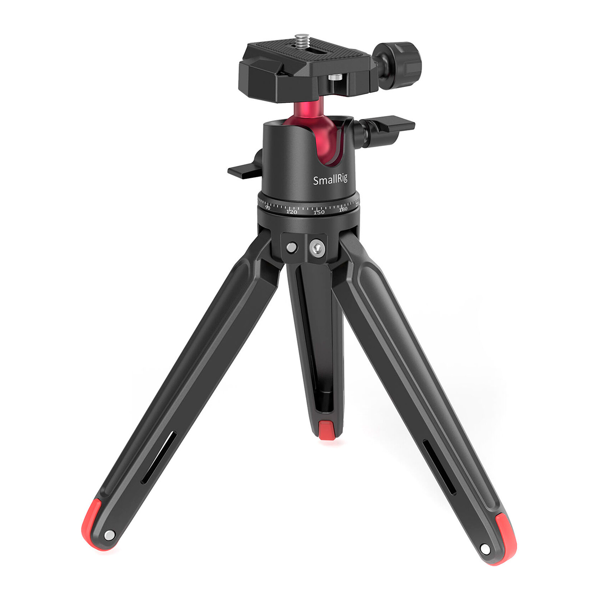 SmallRig 2664 Tabletop Minitripod with Panoramic Ballhead on kompakti musta kolmijalkainen kolmijalka, jossa on kolme kokoontaitettavaa jalkaa, punaiset korostukset ja säädettävä kuulapää kameroille tai älypuhelimille.