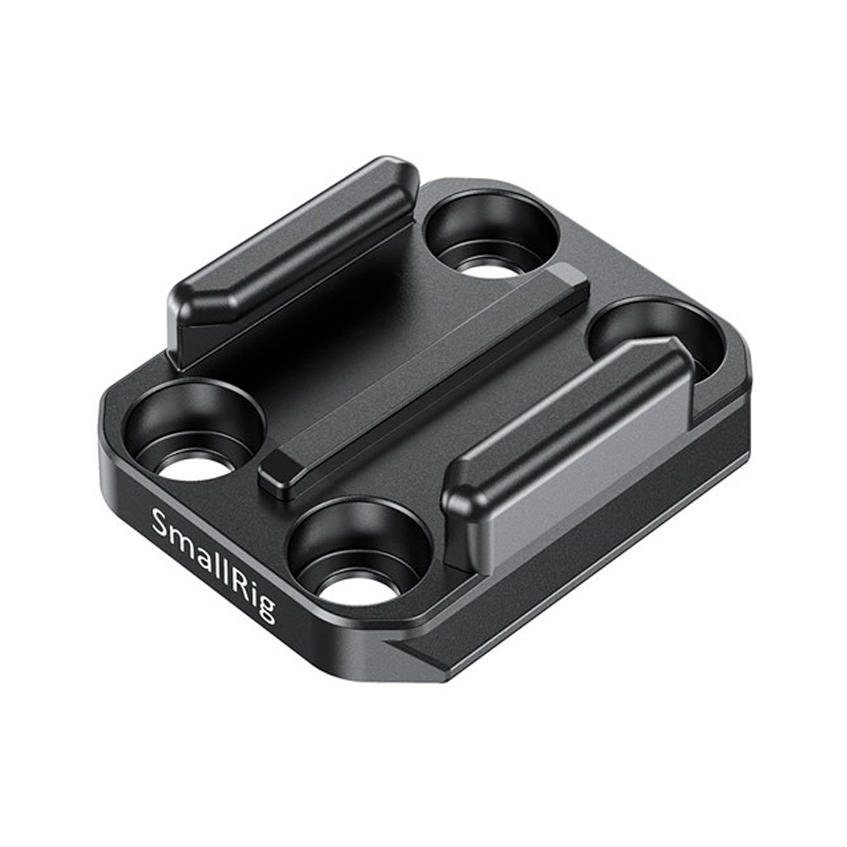 The SmallRig 2668 Buckle Adapter with Arca QR Plate for GoPro is a black metal camera accessory with four holes, two raised ridges and a SmallRig sticker on the side designed to attach or mount GoPro devices.