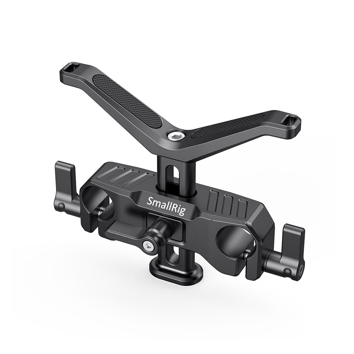 SmallRig 2680 Universal Lens Support 15mm LWS, musta metallinen kameran lisävaruste, jossa on säädettävät varret ja kiinnittimet varusteiden kiinnittämiseksi kamerarigiin, on kuvattu valkoisella pohjalla.