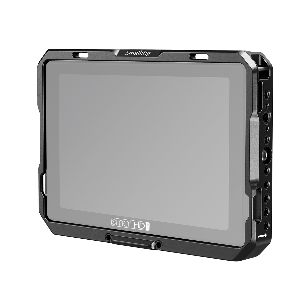 SmallRig 2684 -monitorihäkki, jossa on aurinkohuppu SmallHD 702:lle, musta, kestävä runko, useita sivukiinnitysreikiä ja tuotemerkki tyhjän näytön ylä- ja alareunassa.