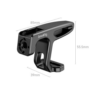 The SmallRig 2756 Mini Top Handle for lightweight cameras is shown in black and has the following dimensions: length 85 mm, width 39 mm and height 55.5 mm. The handle has an angled, open-frame design.