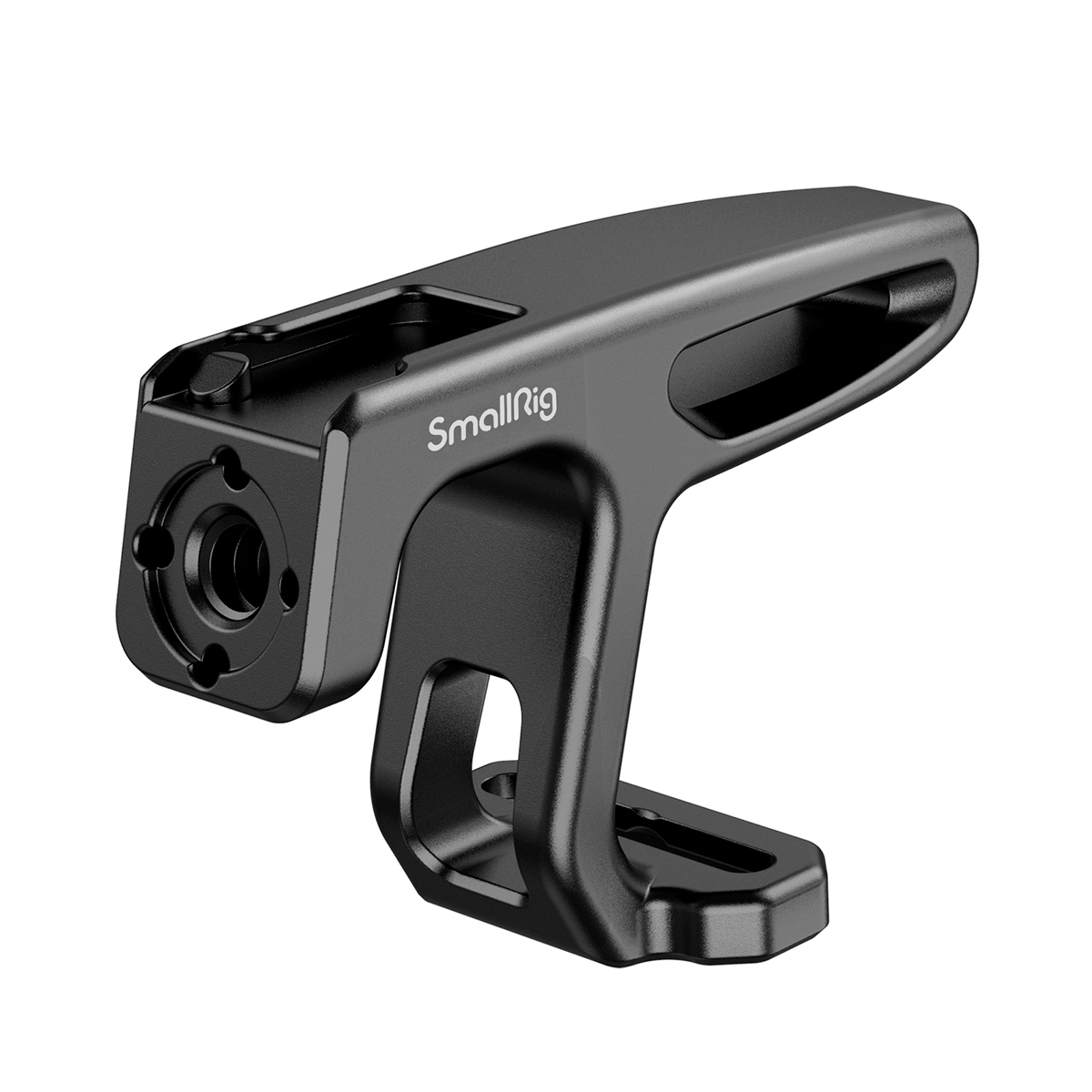 SmallRig 2756 Mini Top Handle kevyille kameroille on musta metallinen lisävaruste, jossa on moderni muotoilu ja useita leikkauksia ja kiinnityspisteitä varusteita varten.