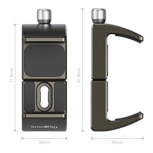 SmallRig 2790 Universal Powerbank Holder on esitetty edestä (71,5 mm korkea, 30 mm leveä) ja sivulta (81,5 mm korkea, 35 mm leveä), ja siinä on merkitty mitat, kiinnitysnuppi ja keskeinen aukko.