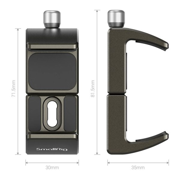 SmallRig 2790 Universal Powerbank Holder on esitetty edestä (71,5 mm korkea, 30 mm leveä) ja sivulta (81,5 mm korkea, 35 mm leveä), ja siinä on merkitty mitat, kiinnitysnuppi ja keskeinen aukko.