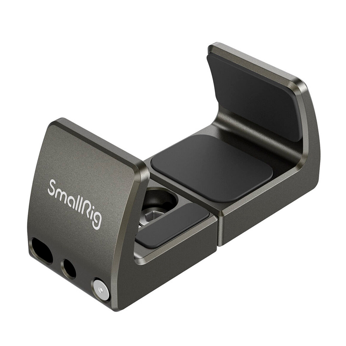 SmallRig 2790 Universal Powerbank Holder on metallinen laite, jossa on kaksi pehmustettua paikkaa Apple AirPodien ja Apple Watchin turvalliseen pitämiseen ja lataamiseen, kuvassa valkoisella pohjalla.