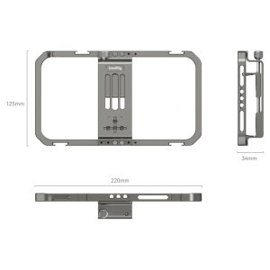 Tekninen kaavio SmallRig 2791 Universal Mobile Phone Cage -mallia, jonka mitat ovat 220 mm leveä, 125 mm korkea ja 34 mm syvä, ja jossa näkyvät etu-, sivu- ja ylänäkymät sekä näkyvät aukot, nupit ja kiinnityspisteet.