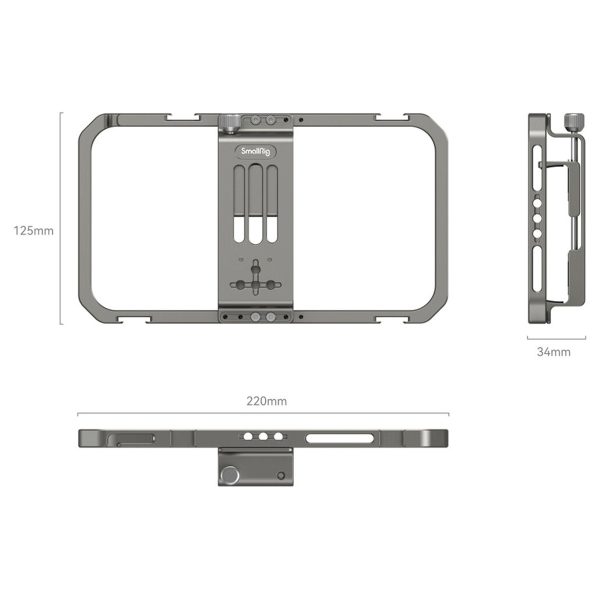 Tekninen kaavio SmallRig 2791 Universal Mobile Phone Cage -mallia, jonka mitat ovat 220 mm leveä, 125 mm korkea ja 34 mm syvä, ja jossa näkyvät etu-, sivu- ja ylänäkymät sekä näkyvät aukot, nupit ja kiinnityspisteet.