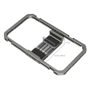 SmallRig 2791 Universal Mobile Phone Cage on metallinen suorakulmainen säädettävä pidike, jossa on liukuva keskikahva ja jossa on merkityt mitat: Korkeus 17 mm ja leveys säädettävissä 57 mm:stä 90 mm:iin.
