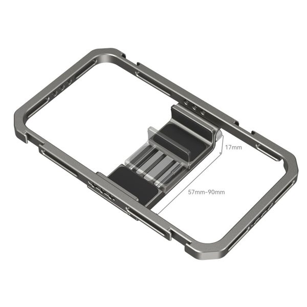 SmallRig 2791 Universal Mobile Phone Cage on metallinen suorakulmainen säädettävä pidike, jossa on liukuva keskikahva ja jossa on merkityt mitat: Korkeus 17 mm ja leveys säädettävissä 57 mm:stä 90 mm:iin.