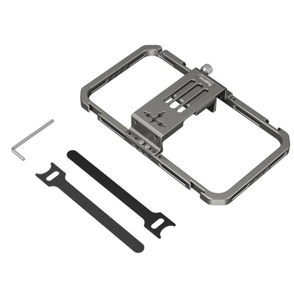 SmallRig 2791 Universal Mobile Phone Cage -matkapuhelinhäkki, jossa on metallirunko säädettävällä asennuslevyllä, kaksi mustaa hihnaa ja pieni kuusiokoloavain, näkyy valkoisella pohjalla.