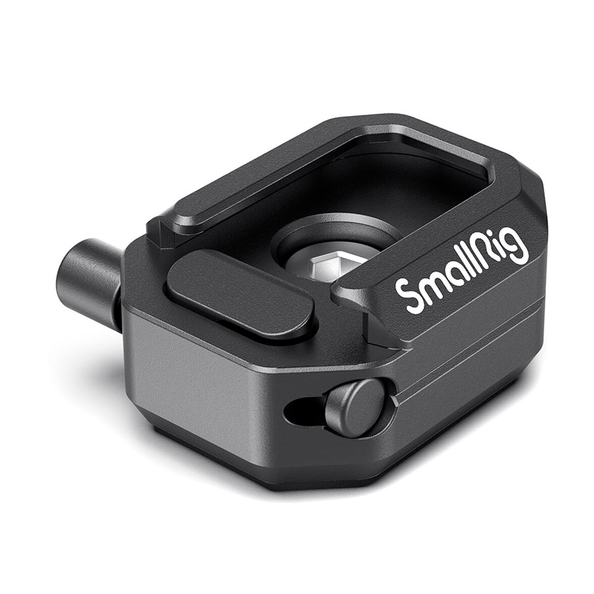 SmallRig 2797 Multifunction Cold Shoe Mount w/ Safety Release is a black metal camera accessory with a rectangular shape, rounded edges, center hole, side knob and white SmallRig logo on top.