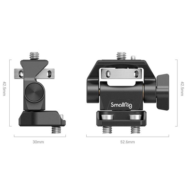 SmallRig 2904 Swivel and Tilt Monitor Mount Screw-Mount -ruuvikiinnikkeen kaksi näkymää osoittavat sen mitat: 42,5 mm korkea, 30 mm leveä (sivukuva) ja 52,6 mm leveä (etukuva). Kiinnikkeessä on säätönupit ja tavalliset ruuvikierteet.