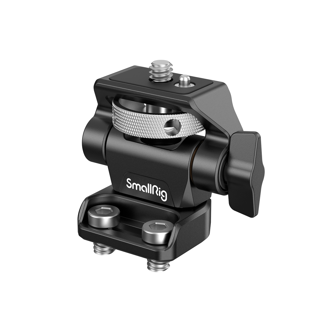 SmallRig 2904 Swivel and Tilt Monitor Mount Screw-Mount -ruuvikiinnike on musta kameran lisävaruste, jossa on metalliset säätönupit, ruuvinreiät ja tukeva rakenne laitteiden kiinnittämiseen turvallisesti.