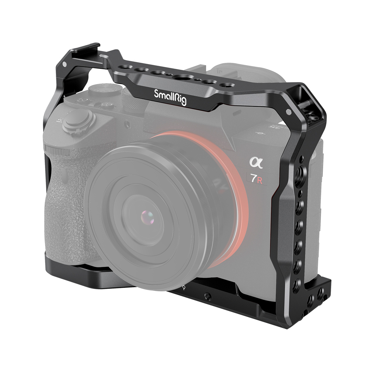 SmallRig 2918 light cage for Sony A7 III / A7R III / A9, black metal, is mounted on the Sony Alpha 7R. The semi-transparent camera highlights the protective design of the cage and several accessory clips.