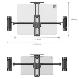 Kahdessa kaaviossa näkyy SmallRig 2929 Tablet Mount for iPad, jossa on kaksi käsikahvaa ja joka pitää tablettia sekä vaaka- että pystysuorassa. Mitat: korkeus 239,4 mm, leveys säädettävissä 316-422 mm.