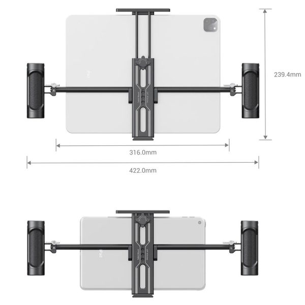 Kahdessa kaaviossa näkyy SmallRig 2929 Tablet Mount for iPad, jossa on kaksi käsikahvaa ja joka pitää tablettia sekä vaaka- että pystysuorassa. Mitat: korkeus 239,4 mm, leveys säädettävissä 316-422 mm.