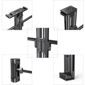 Kollaasi, jossa on yksityiskohtaisia näkymiä SmallRig 2929 Tablet Mount for iPad -taulutelineestä, jossa on kaksoiskahva, ja jossa on lähikuvia sen ylä-, ala- ja sivukahvasta sekä keskikehyksestä, jossa on useita kiinnityspisteitä ja kuvioidut kahvat.
