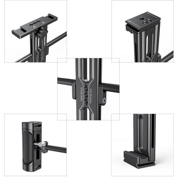 Kollaasi, jossa on yksityiskohtaisia näkymiä SmallRig 2929 Tablet Mount for iPad -taulutelineestä, jossa on kaksoiskahva, ja jossa on lähikuvia sen ylä-, ala- ja sivukahvasta sekä keskikehyksestä, jossa on useita kiinnityspisteitä ja kuvioidut kahvat.