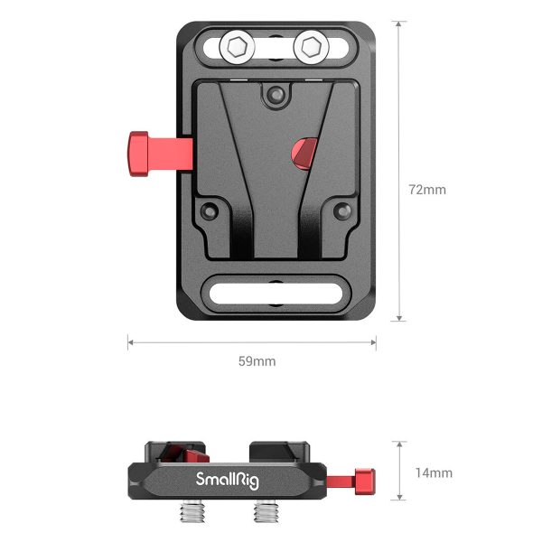 SmallRig 2987 Battery Plate Mini V-Mount -akkulevyssä on suorakulmainen muotoilu, punainen kiristysvipu ja kaksi kiinnityspulttia. Mitat: 72 mm korkeus, 59 mm leveys ja 14 mm syvyys, kuvassa merkitty ylä- ja sivukuva.
