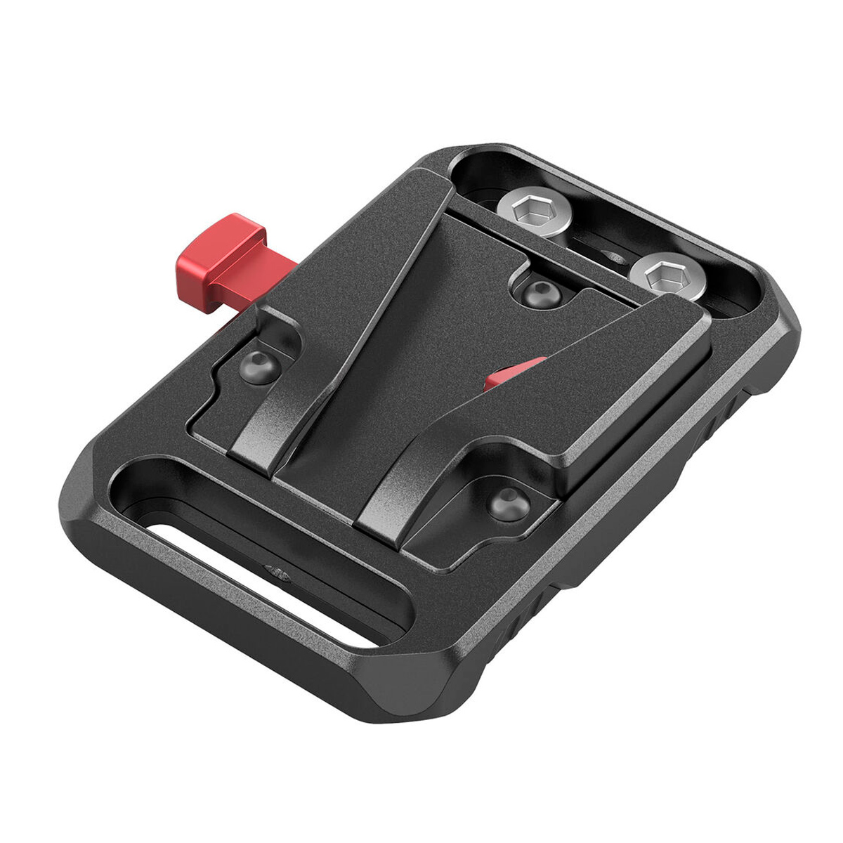 SmallRig 2987 Battery Plate Mini V-Mount on musta metallinen kiinnike, jossa on punainen lukitusvipu, kaksi yläreunan ruuvia ja vinot aukot kameran levyjen kiinnittämistä varten.