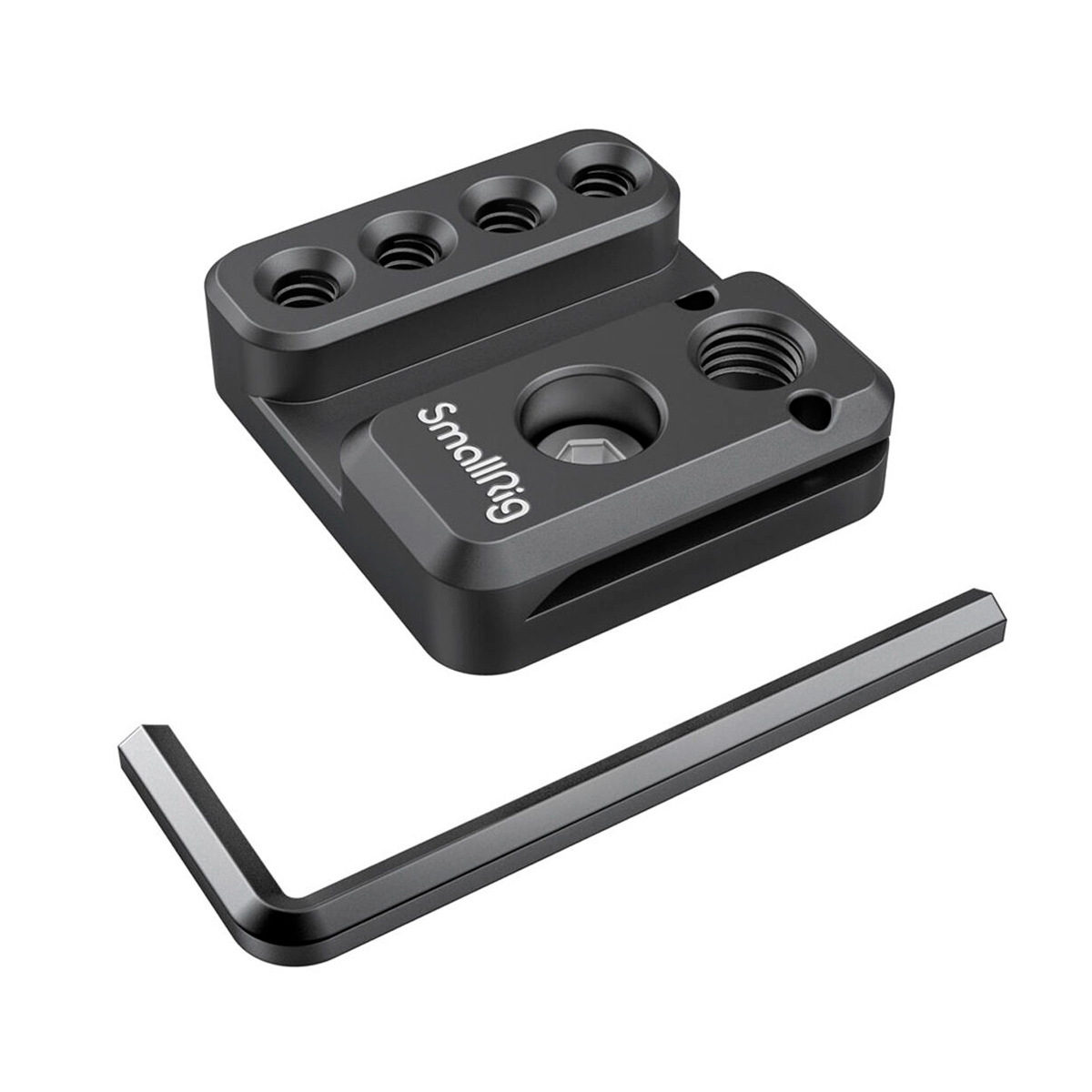 SmallRig 2995 Side Mounting Plate for Zhiyun Crane 2S, musta metallinen lisävaruste, jossa on useita kierteitettyjä reikiä, näkyy L-muotoisen kuusiokoloavaimen vieressä valkoisella pohjalla.