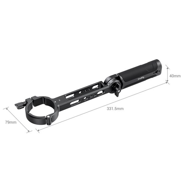 SmallRig 3005 Sling Grip for Crane 2S on musta säädettävä metallinen kiinnike (331,5 mm x 79 mm x 40 mm), jossa on pyöreä kiinnike ja putkimainen jatkovarsi.