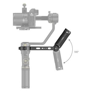 Kaavio, jossa näkyy SmallRig 3005 Sling Grip for Crane 2S, jossa on 180° kääntyvä säädettävä jatkovarsi, kuvattuna sekä kokoontaitettuna että ulosvedettynä, ja nuoli osoittaa sen kääntymisen.