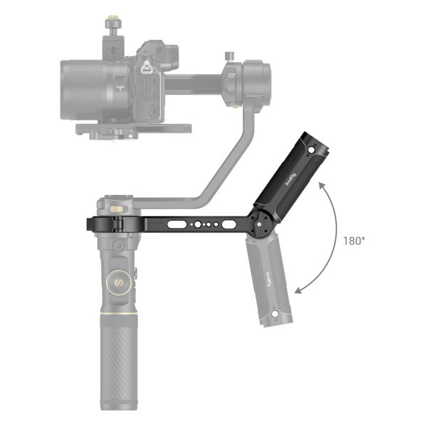Kaavio, jossa näkyy SmallRig 3005 Sling Grip for Crane 2S, jossa on 180° kääntyvä säädettävä jatkovarsi, kuvattuna sekä kokoontaitettuna että ulosvedettynä, ja nuoli osoittaa sen kääntymisen.