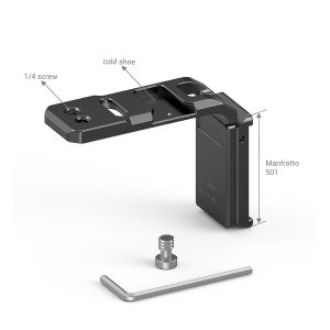 SmallRig 3006 QR Extension Bracket for Crane 2S on kuvassa merkittyjen osien kanssa: 1/4" ruuvi, kylmä kenkäkiinnike ja Manfrotto 501 -levy. Allen-avain ja ruuvi on kuvattu alla valkoisella pohjalla.