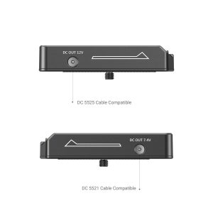 The SmallRig 3018 NP-F Battery Adapter Plate Lite has side views of two output ports: the DC OUT 12V (compatible with DC 5525 cables) and DC OUT 7.4V (compatible with DC 5521 cables), both with a diagram above the port.