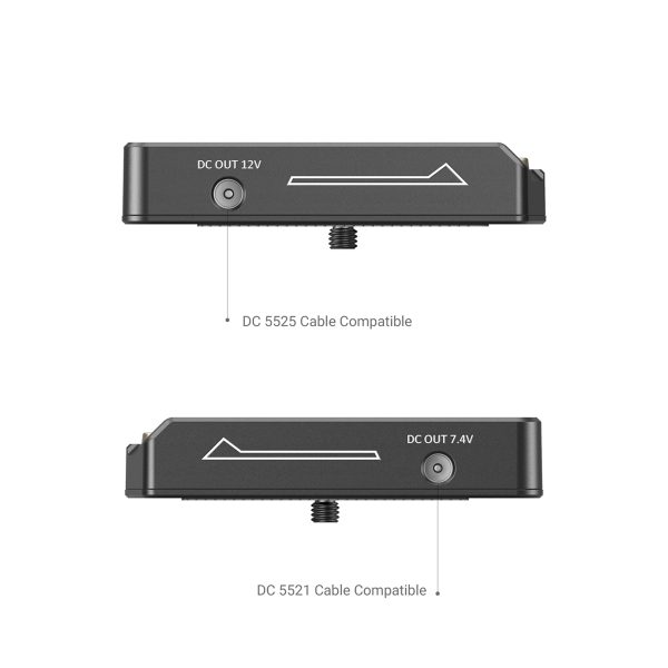 The SmallRig 3018 NP-F Battery Adapter Plate Lite has side views of two output ports: the DC OUT 12V (compatible with DC 5525 cables) and DC OUT 7.4V (compatible with DC 5521 cables), both with a diagram above the port.