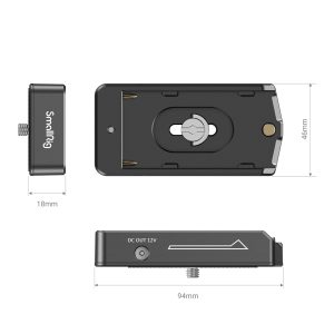 The SmallRig 3018 NP-F Battery Adapter Plate Lite is black metal, measures 94mm x 46mm x 18mm and features a mounting screw, DC OUT 12V port and side arrow marker.