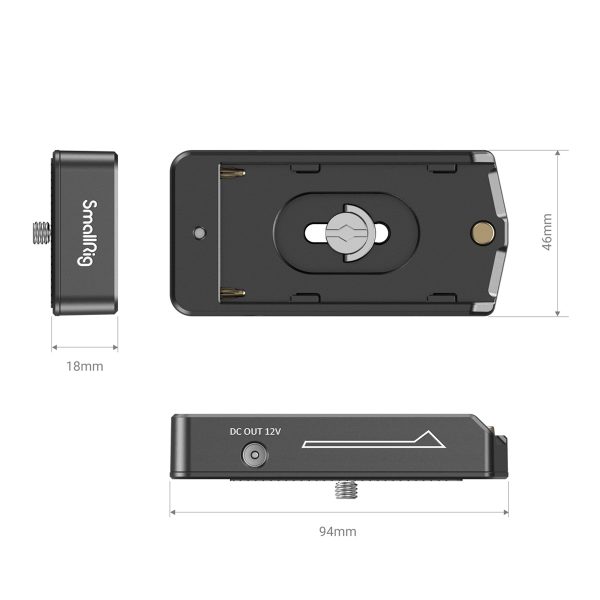 The SmallRig 3018 NP-F Battery Adapter Plate Lite is black metal, measures 94mm x 46mm x 18mm and features a mounting screw, DC OUT 12V port and side arrow marker.